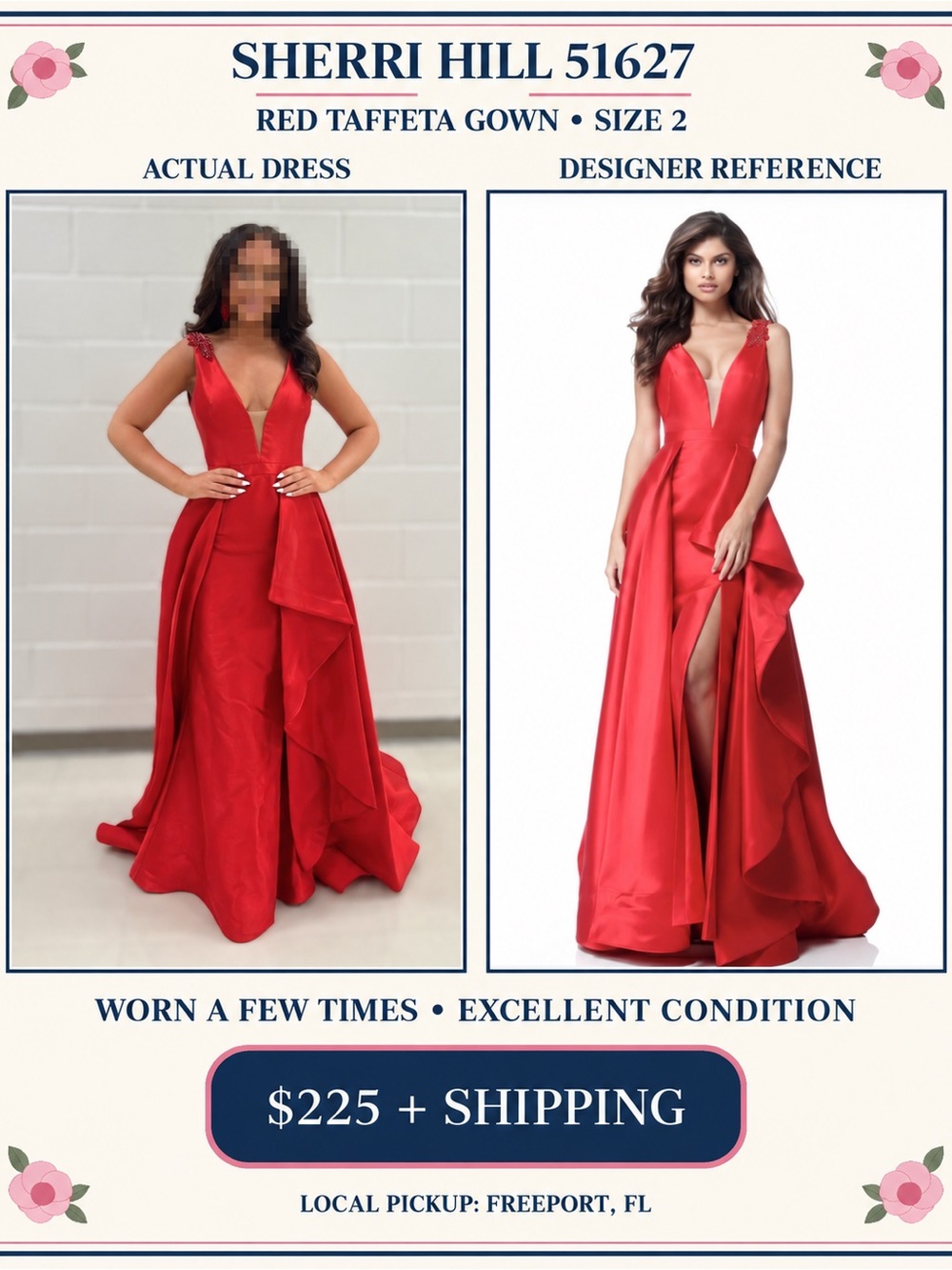 Sherri Hill Red Taffeta Prom Gown with Plunging V-Neck